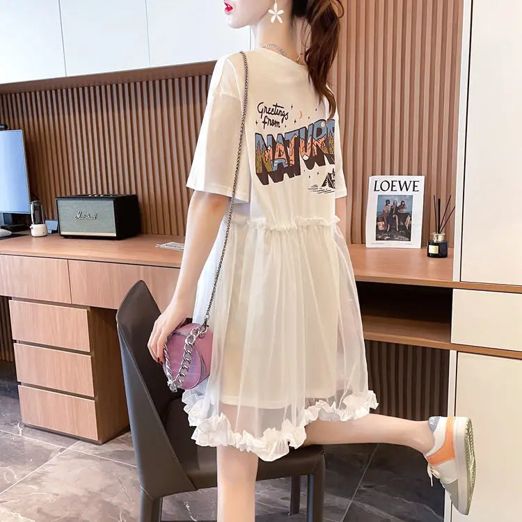 T Shirt Dress Woman Short Sleeve Summer Lace Clothing Women's Top Funny Fitted Slim Causal Long Graphic O Tall Kpop Cute Tees Xl