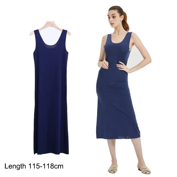 M-5XL Plus Size Full Slips Dresses For Women Summer Thin Seamless Ice Silk Petticoat Underskirt Sleeveless Underwear Dress Slips
