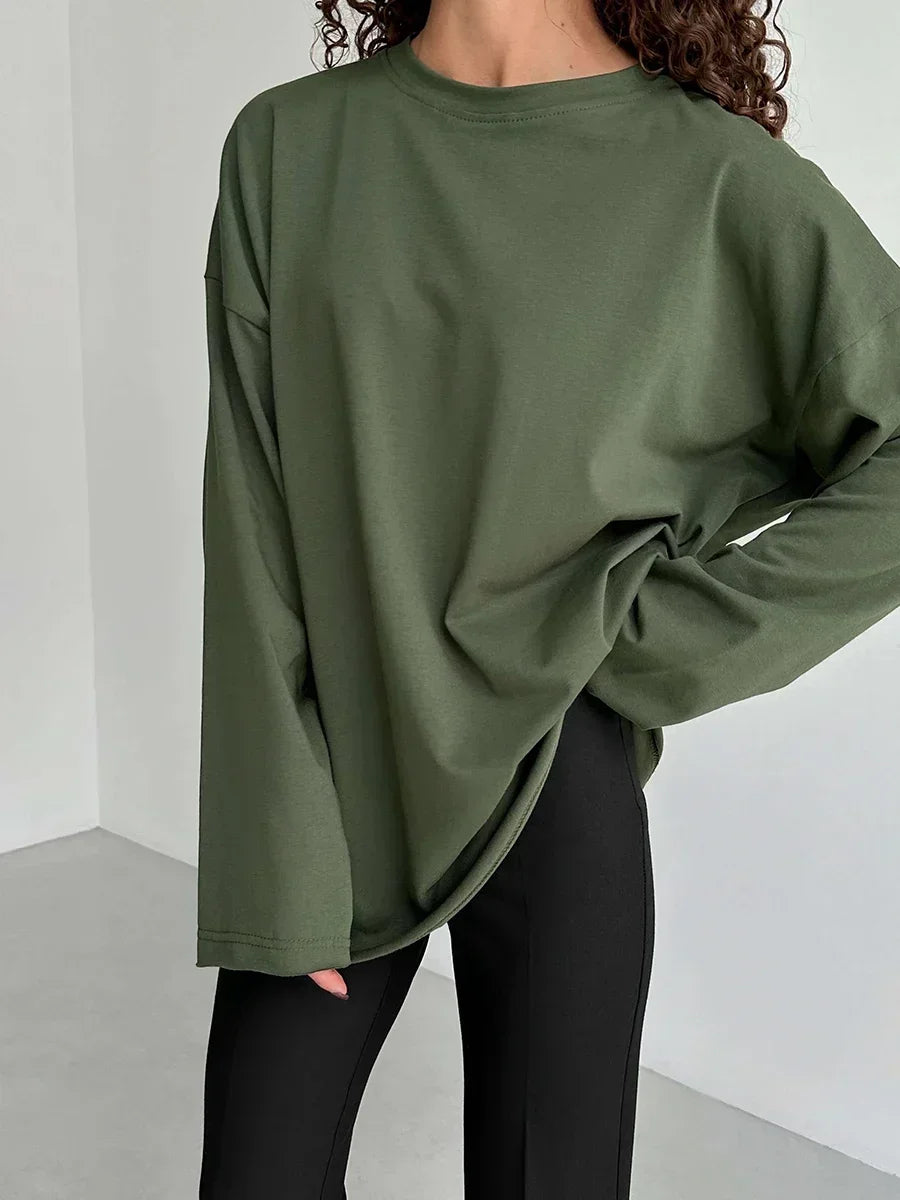 Bornladies Women Autumn 100% Cotton T-shirt Bottoming Spring Basic Fashionable Solid Lady Long Sleeve Loose Tops Shirts