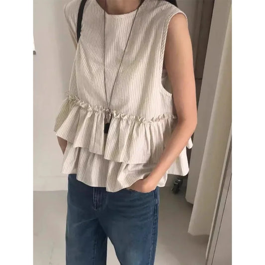 SuperAen Summer New Vintage Striped Patchwork Ruffles Top for Women Back Lace-up Sweet Casual Sleeveless Tank