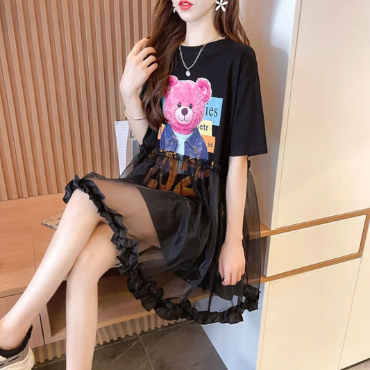 T Shirt Dress Woman Short Sleeve Summer Lace Clothing Women's Top Funny Fitted Slim Causal Long Graphic O Tall Kpop Cute Tees Xl