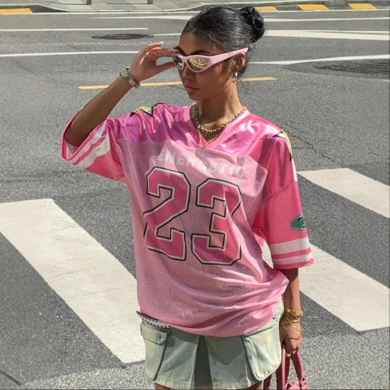 Lady Pink European and American Fashionable Loose Casual Street Printed Sportswear Tops Summer Girl Style Short Sleeved T-shirt