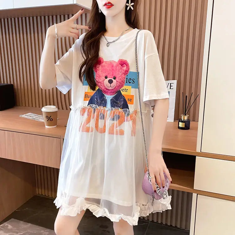 T Shirt Dress Woman Short Sleeve Summer Lace Clothing Women's Top Funny Fitted Slim Causal Long Graphic O Tall Kpop Cute Tees Xl