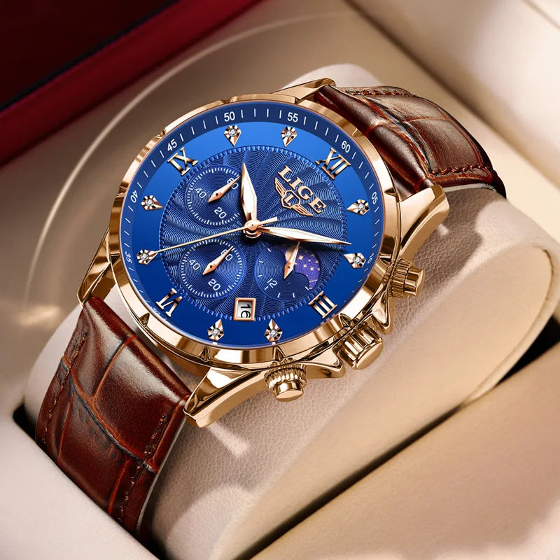 New Mens Watches LIGE Top Brand Luxury Leather Casual Quartz Watch Men's Sport Waterproof Clock Watch Relogios Masculino+Box