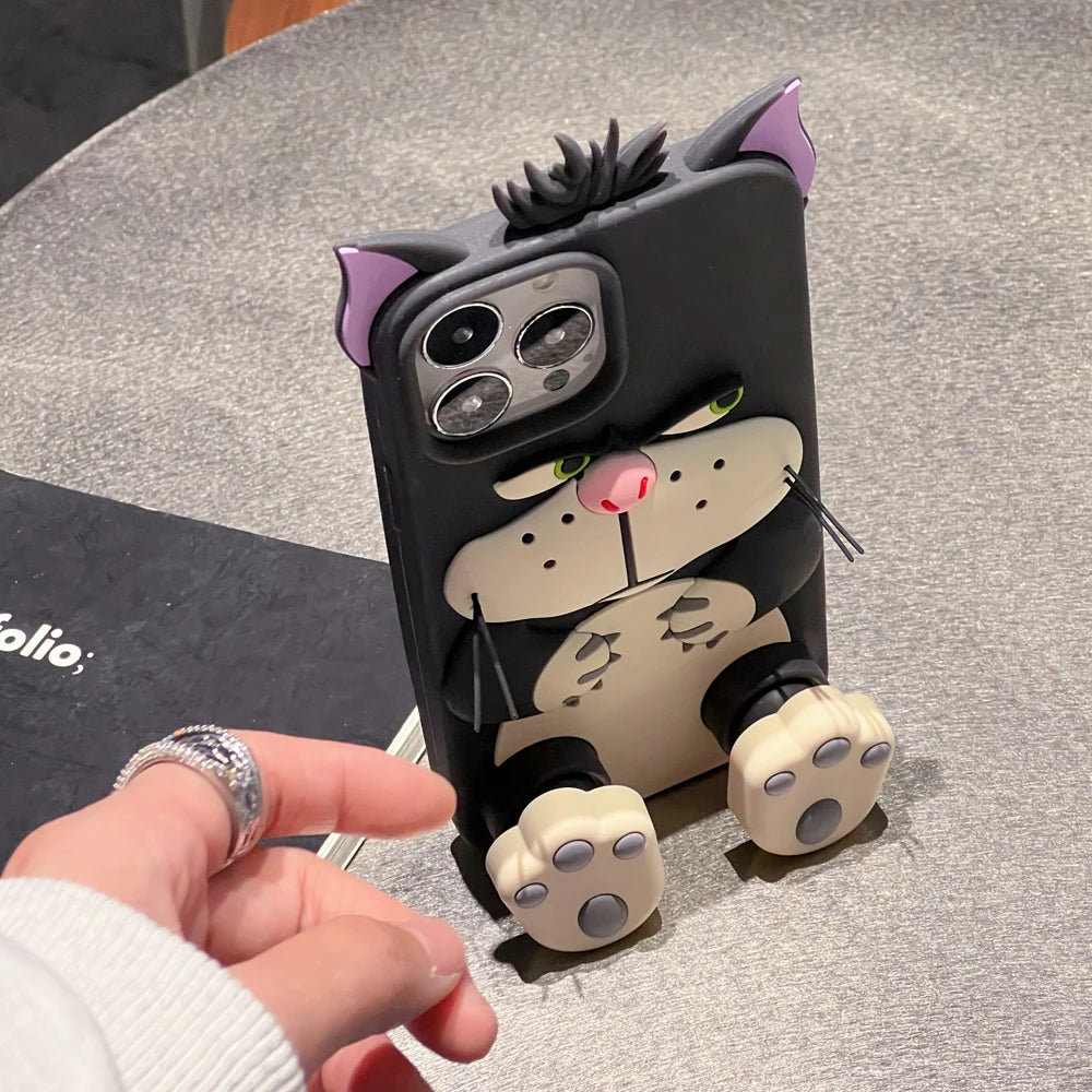 3D Telescopic Holder Phone Case, iPhone 11, 12, 13, 14, 15 16Pro Max, Soft Silicone, Back Cover, Skin Shell, Cute Cartoon Animal