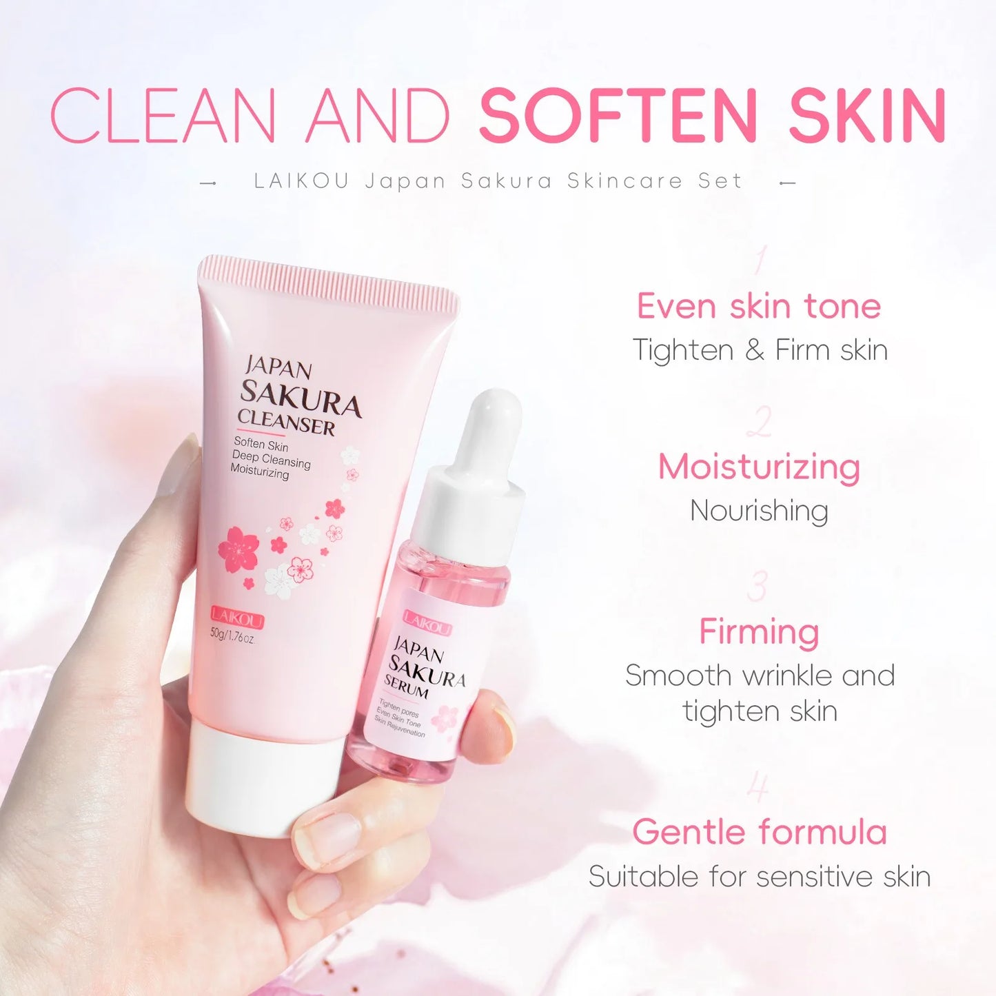 4 PCS Face Skin Care Set Cleanser Sakura Essence Cream Moisturizing Eye Cream Face Serum Improve Roughness & Dryness Skin Care