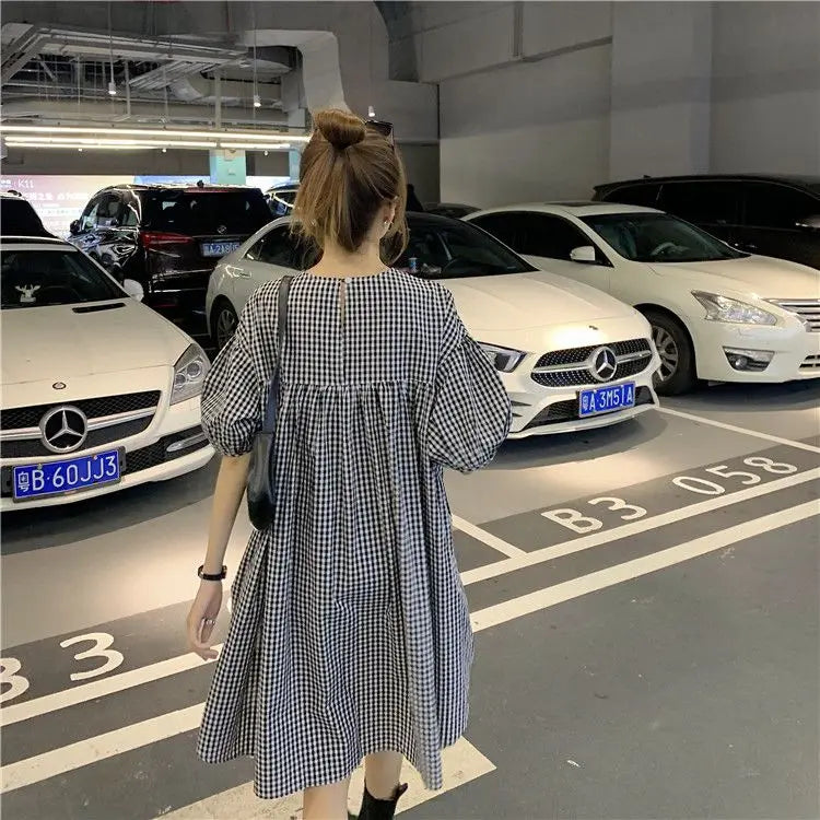 Korean Plaid Printed Loose Midi Dress Summer Short Sleeve Stylish Shirring Drawstring Female Irregular Casual O-Neck Dresses New