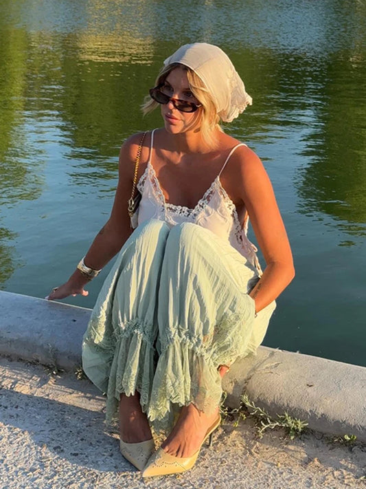 2025 Fashion Ruff Long Pants Women Casual Pleated Lace Lace Up Patchwork Straught Pants Lady Summer Chic Holiday Streetwear