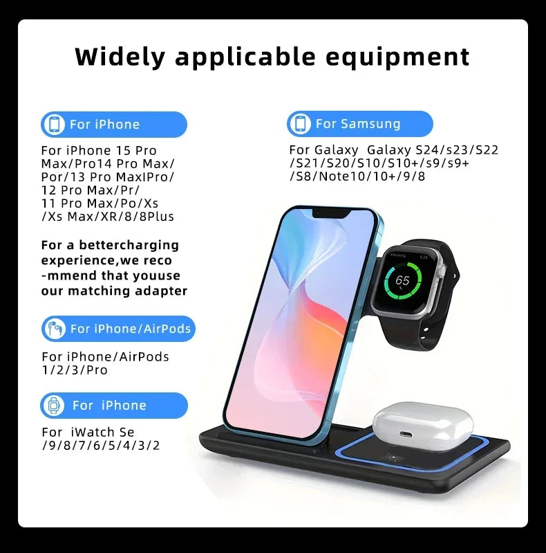 3 in 1 Wireless Charger Stand  For iPhone 16 15 14 13 12 11 X  iWatch 8 7 6  Airpods Pro 30W Foldable Fast Charging Dock Station