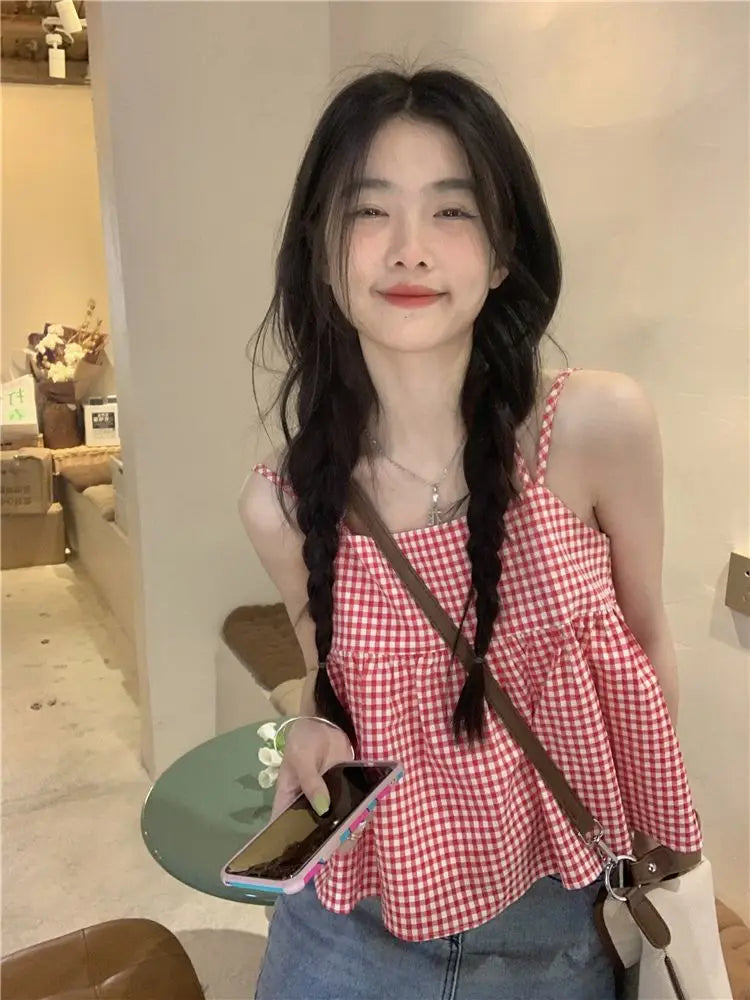 Red Plaid Camisole Women Backless Hotsweet Bandage All-match Loose College Personality Chic Summer Korean Style Fashion Ulzzang