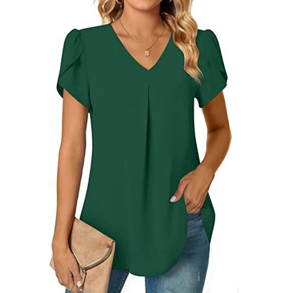 Sexy V Neck Ruffle Short Sleeve Blouse Shirts Summer Women V Neck Solid Color Loose OL Workout Blouse Tops SZE-ST23015