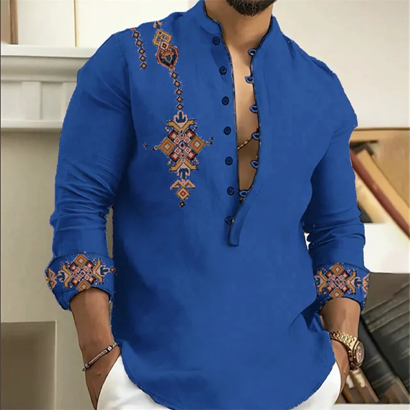 15-color men's shirt tribe pattern printing retro geometry leads outdoor street long-sleeved shirt super large size XS-6XL
