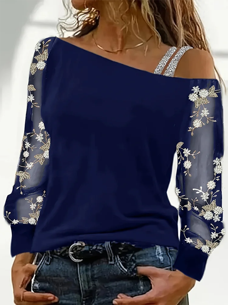 Women Fashion Casual Diagonal Collar Long Sleeve Tops Ladies Sexy Off Shoulder Loose T-shirts Net Yarn Pullover Blouses