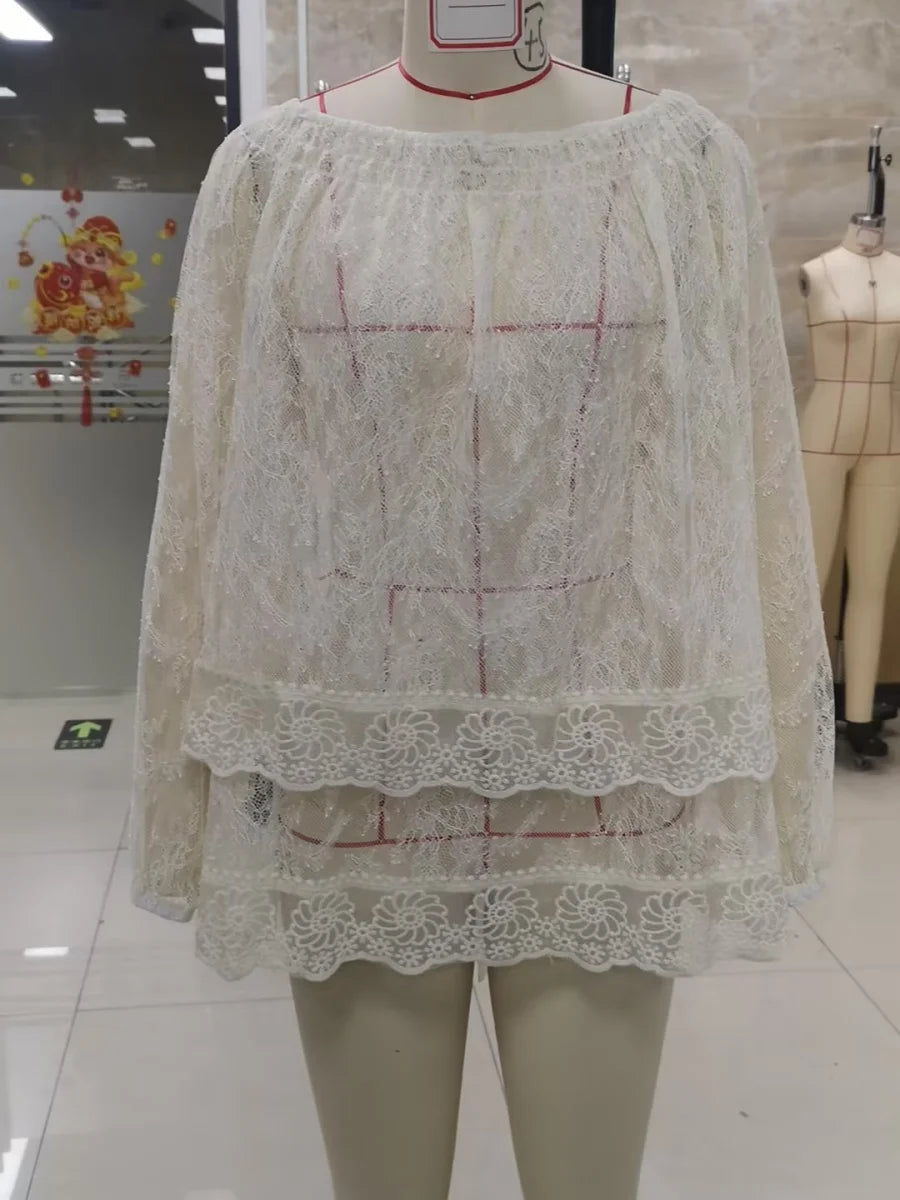 Women Sheer Lace Long Sleeve Tops Off Shoulder Lantern Sleeves Tiered Lace Solid Color See Through Tee Shirts
