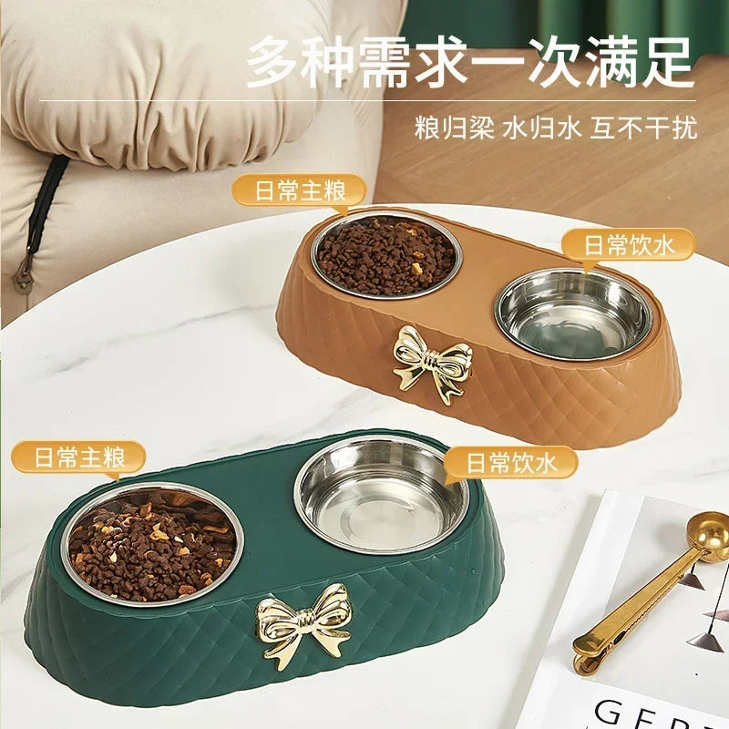 Detachable 201 Stainless Steel Double Bowl Bow - tie Decoration Pet Accessories For Cats Dogs Pet Food Bowl