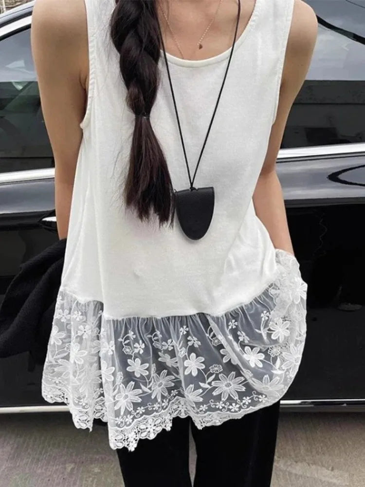 Women Clothing Fashion Vest O-neck Sleeveless Tunic Camis Y2k Tops 2025 Ropa Mujer Patchwork Lace Top Casual Loose Summer Tanks