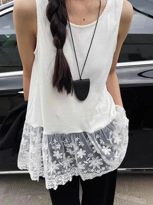 Women Clothing Fashion Vest O-neck Sleeveless Tunic Camis Y2k Tops 2025 Ropa Mujer Patchwork Lace Top Casual Loose Summer Tanks