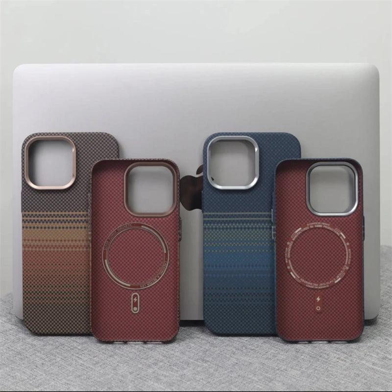 Luxury Carbon Fiber Relief Magsafe Phone Case For iPhone 13 14 15 16 Pro Max Metal Lens Matte Wireless Charging Shockproof Cover