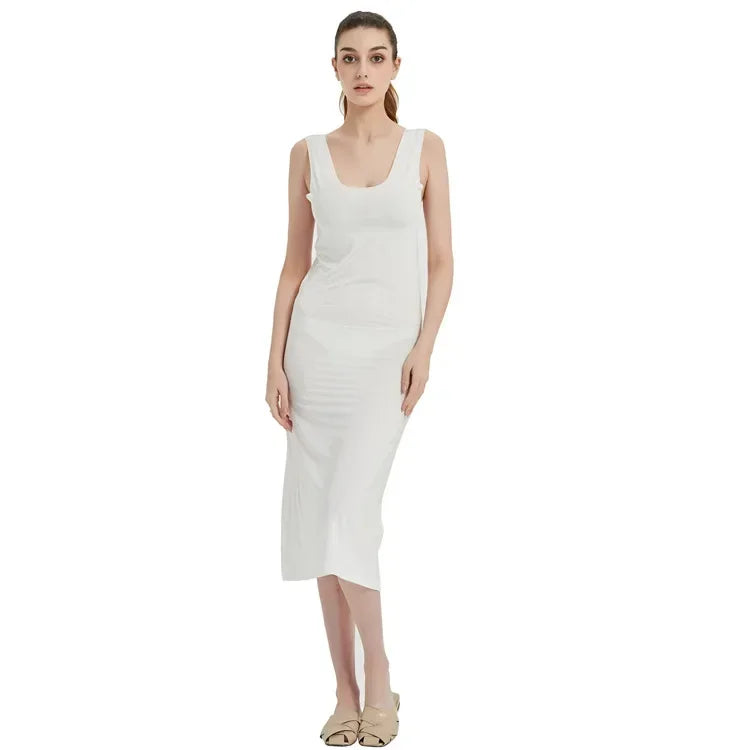 M-5XL Plus Size Full Slips Dresses For Women Summer Thin Seamless Ice Silk Petticoat Underskirt Sleeveless Underwear Dress Slips