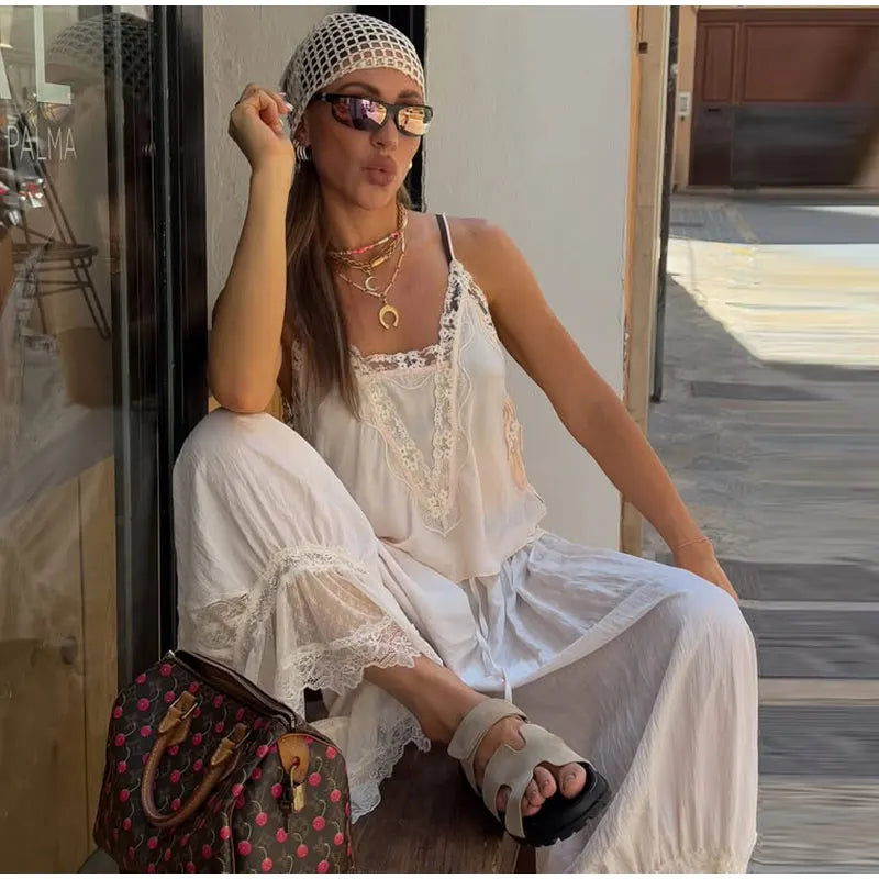 2025 Fashion Ruff Long Pants Women Casual Pleated Lace Lace Up Patchwork Straught Pants Lady Summer Chic Holiday Streetwear