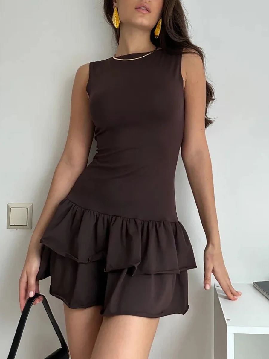 Women Mini Dress Women Elegant Sexy Solid Sleeveless Round Neck Nipped Waist Backless Evening Party Bubble Black Short Dresses
