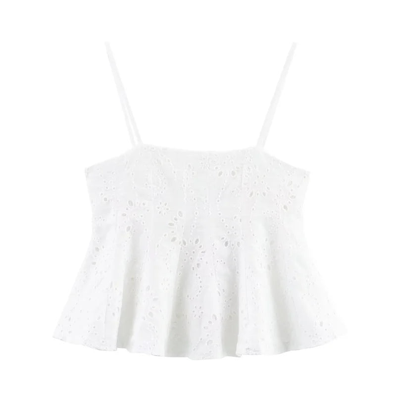 Ladies' Top 2025 Summer New Arrivals White Strap Wave Hem Top Embroidered Sexy Fashion Casual Versatile