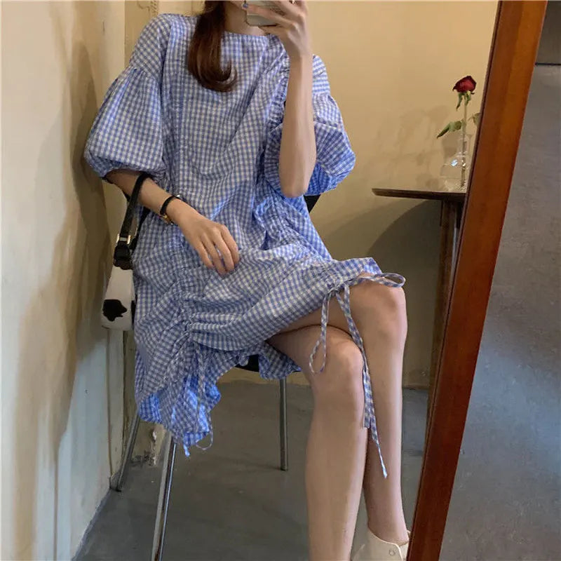 Korean Plaid Printed Loose Midi Dress Summer Short Sleeve Stylish Shirring Drawstring Female Irregular Casual O-Neck Dresses New
