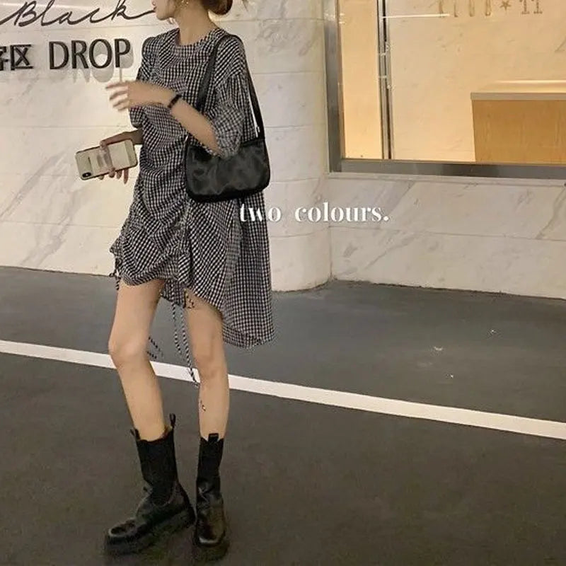 Korean Plaid Printed Loose Midi Dress Summer Short Sleeve Stylish Shirring Drawstring Female Irregular Casual O-Neck Dresses New
