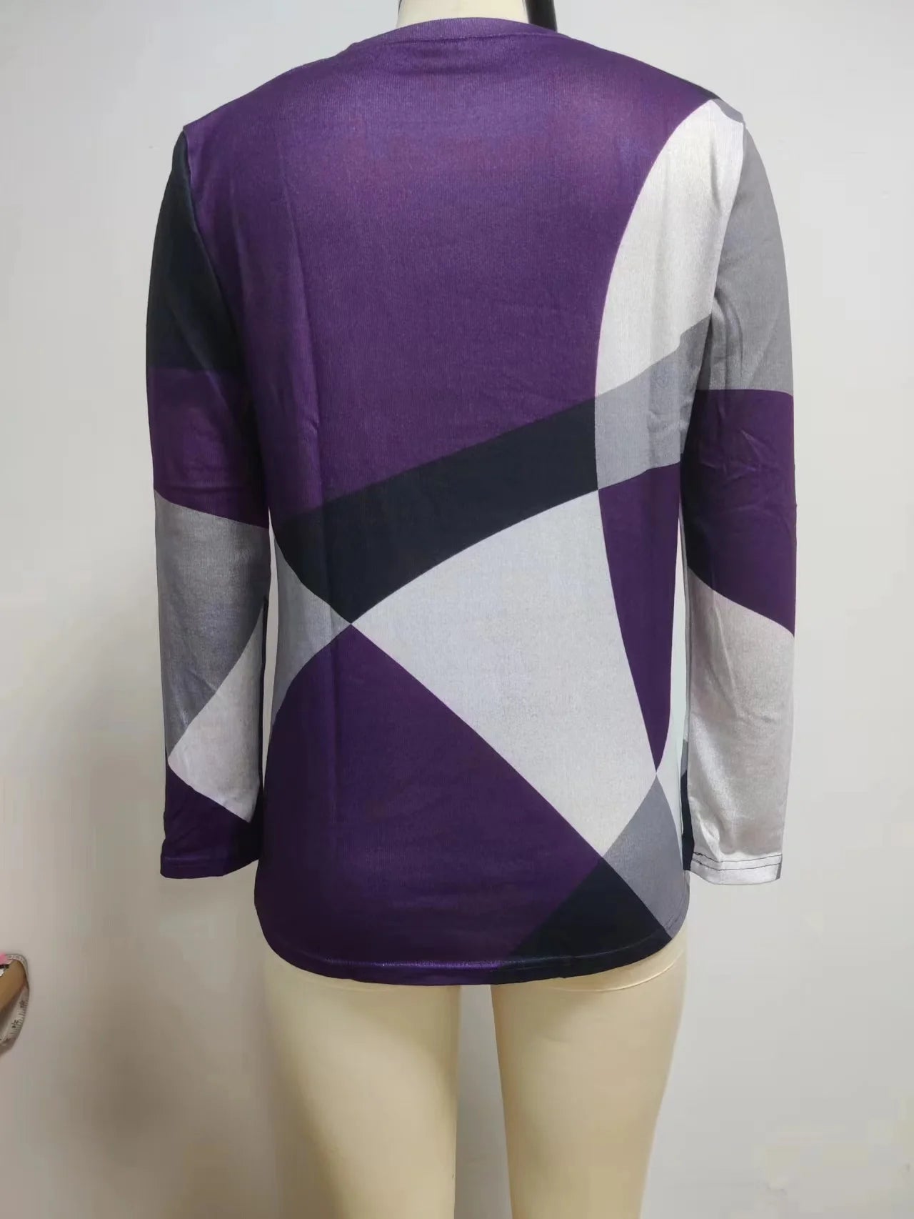 European and American Women Casual Color Block Long Sleeve Buttons Top Dressy Casual  Geometric Tunic Tops Crewneck T Shirts