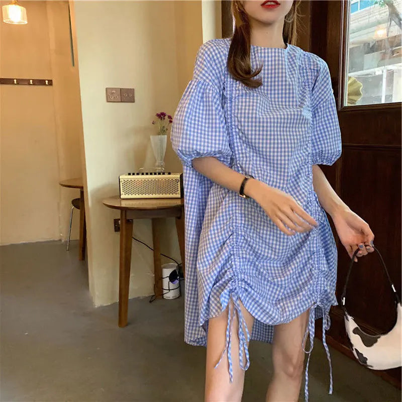Korean Plaid Printed Loose Midi Dress Summer Short Sleeve Stylish Shirring Drawstring Female Irregular Casual O-Neck Dresses New