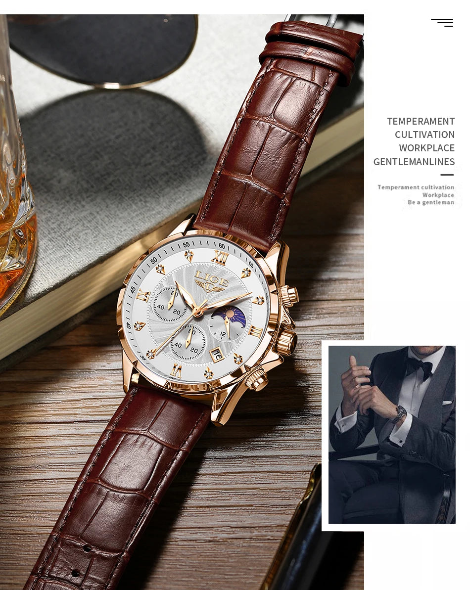 New Mens Watches LIGE Top Brand Luxury Leather Casual Quartz Watch Men's Sport Waterproof Clock Watch Relogios Masculino+Box