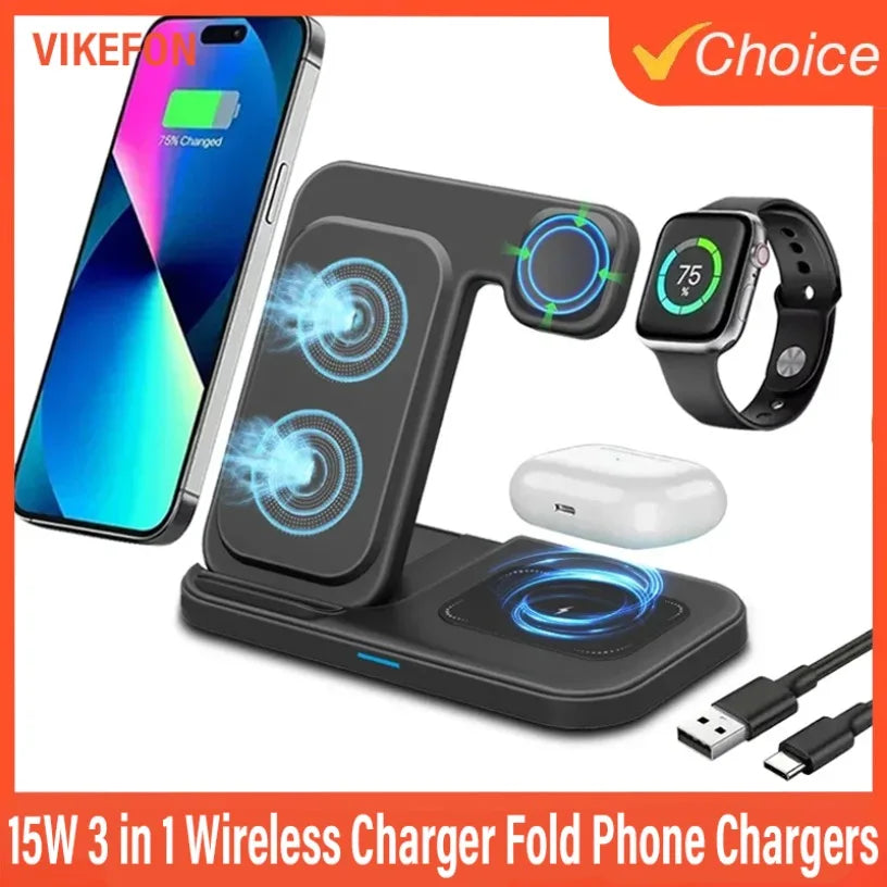 15W 3 in 1 Wireless Charger Fold Phone Chargers Desktop Charging Dock For iPhone 16-12 Pro iWatch 10~2 SE AirPods 4/3 Pro 2/1