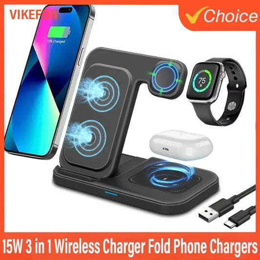 15W 3 in 1 Wireless Charger Fold Phone Chargers Desktop Charging Dock For iPhone 16-12 Pro iWatch 10~2 SE AirPods 4/3 Pro 2/1