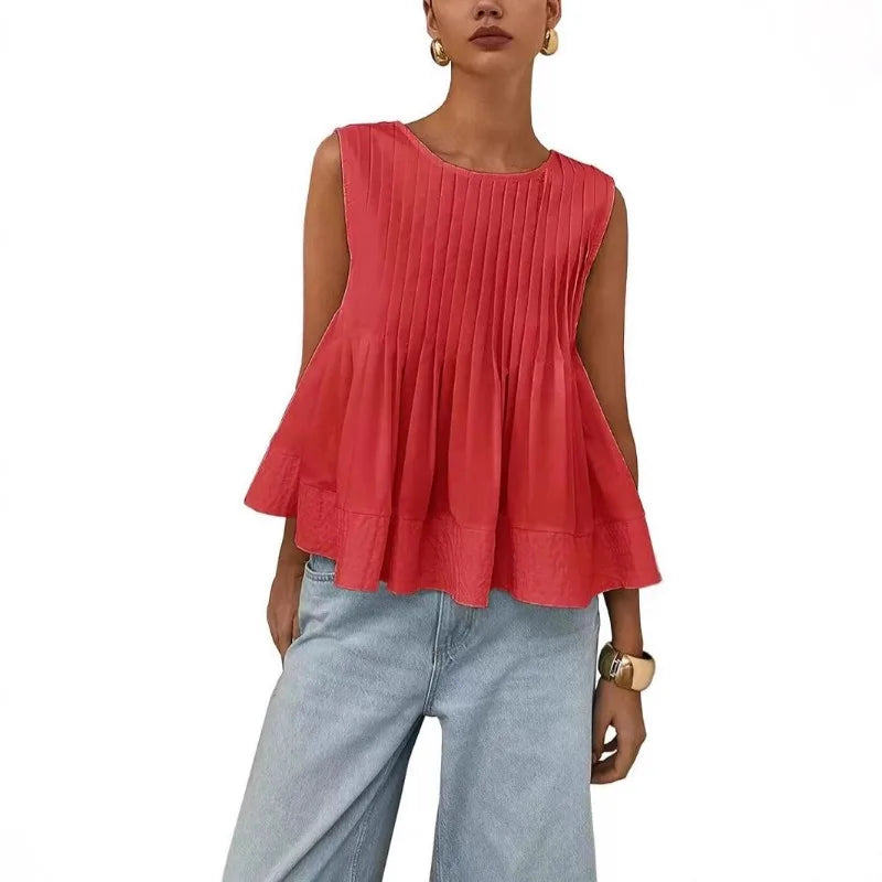 Women Sweet Ruffle Hem Vests Solid Color Summer Fashion Streetwear Female Sleeveless O-neck Tops Lady Casual Loose Camisole