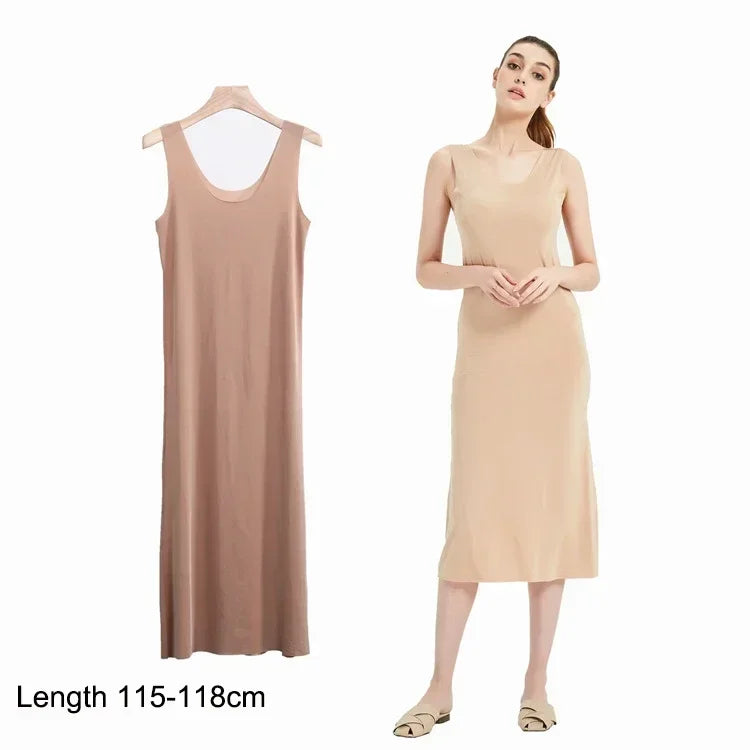 M-5XL Plus Size Full Slips Dresses For Women Summer Thin Seamless Ice Silk Petticoat Underskirt Sleeveless Underwear Dress Slips