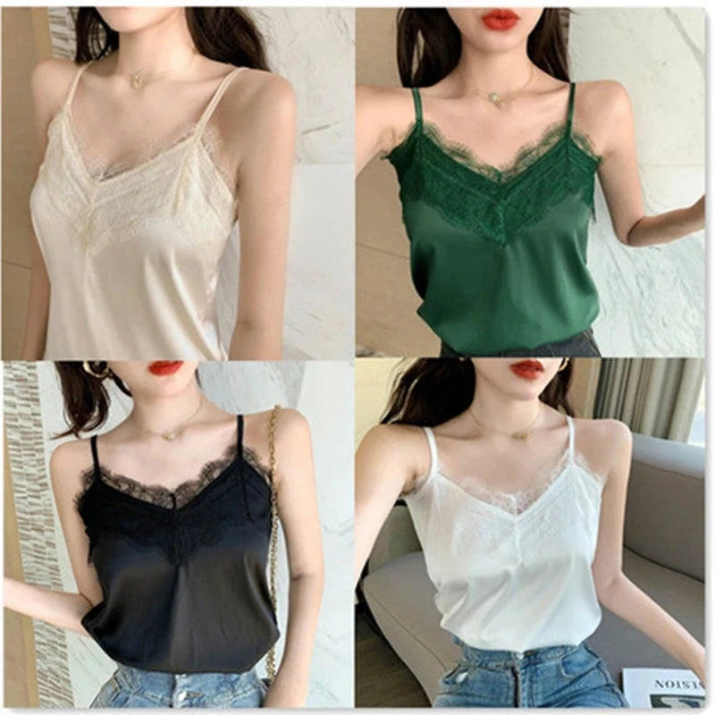 Summer with Lace Silk Top Cami for Women Spaghetti Strap Top Tank Ladies Tops White Camis Basic Tops Women 2023 Summer Fashion
