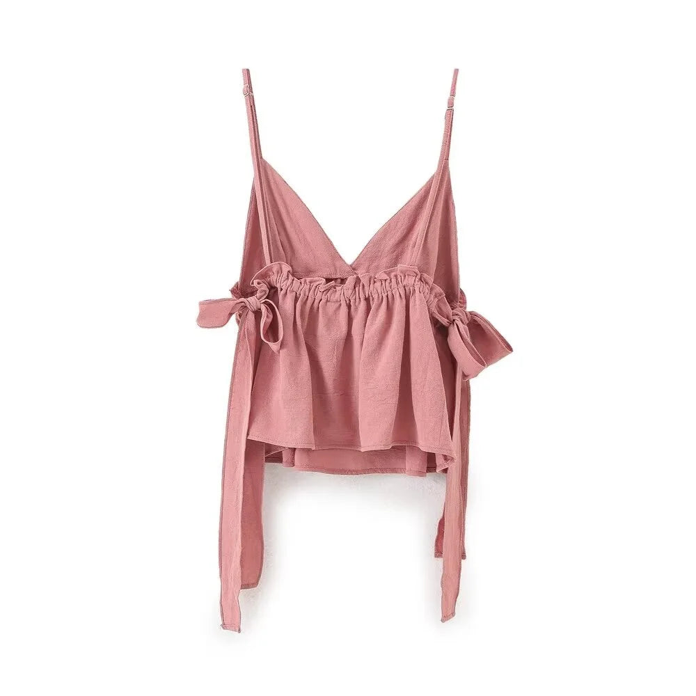 2024ZAR4 summer new women's European and American style top with a unique combination of lace up and ruffle suspender