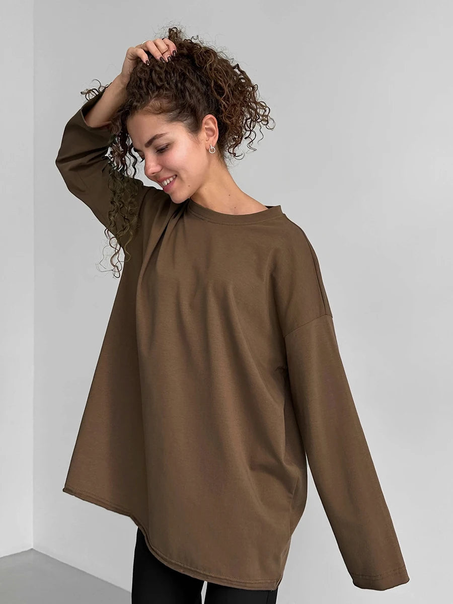 Bornladies Women Autumn 100% Cotton T-shirt Bottoming Spring Basic Fashionable Solid Lady Long Sleeve Loose Tops Shirts