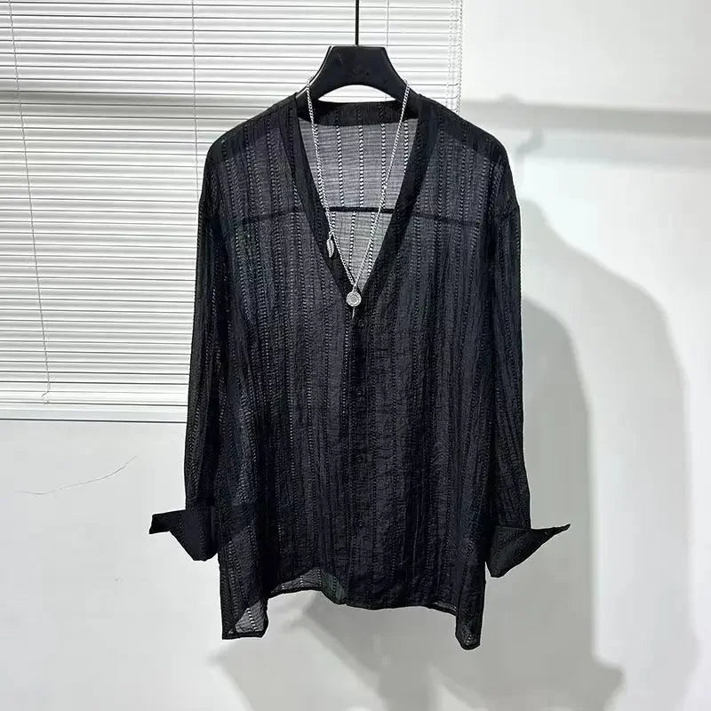 Mens Shirts Spring New Fashion Lace Long Sleeve Loose Casual T-shirt for Men