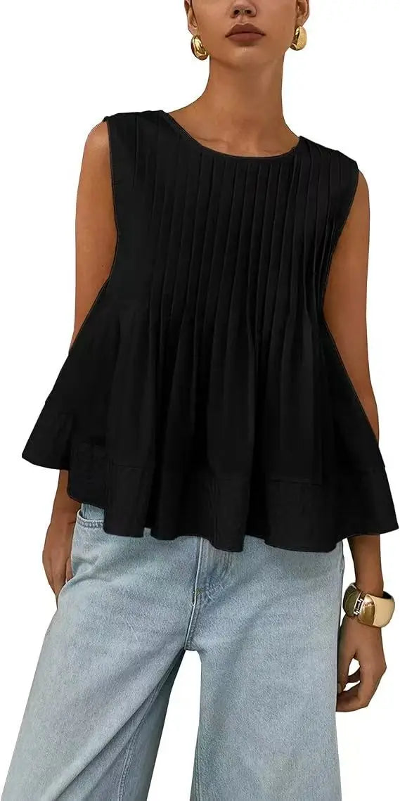 Women Sweet Ruffle Hem Vests Solid Color Summer Fashion Streetwear Female Sleeveless O-neck Tops Lady Casual Loose Camisole