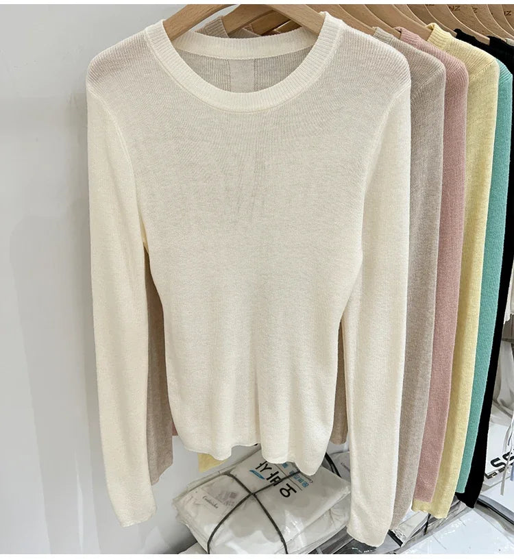Lady Basic O-Neck Slim T-Shirt Women Solid Multi Color All-Match Trend Casual Top Screw Knit Long Sleeve Elastic Spring Office