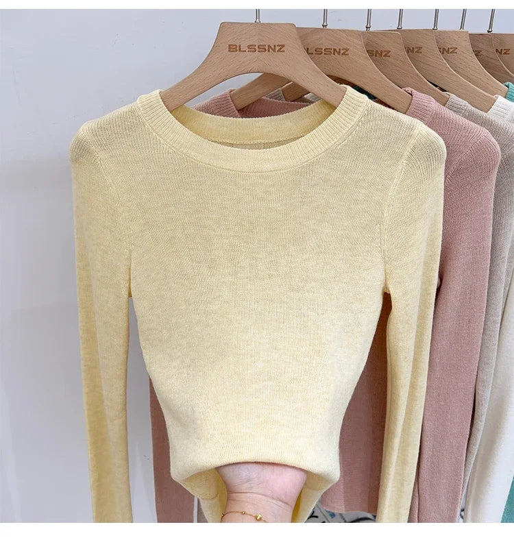 Lady Basic O-Neck Slim T-Shirt Women Solid Multi Color All-Match Trend Casual Top Screw Knit Long Sleeve Elastic Spring Office