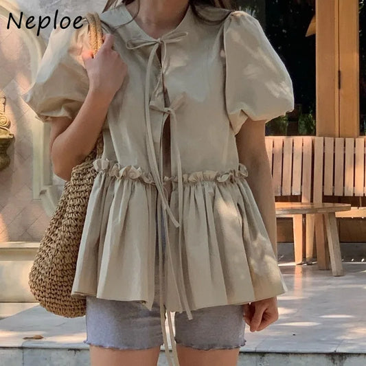 Neploe Korean Vintage O-neck Lace Up Blouses 2025 Summer New Puff Sleeve Shirts Women Y2k Slim Waist Ruched Blusas Mujer