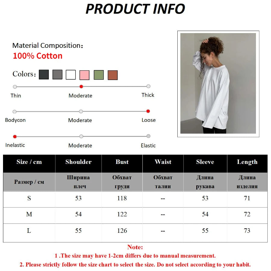 Bornladies Women Autumn 100% Cotton T-shirt Bottoming Spring Basic Fashionable Solid Lady Long Sleeve Loose Tops Shirts