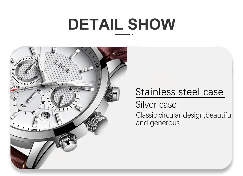 LIGE Watches Men 2024 Top Brand Luxury Casual Leather Quartz Men Watch Man Business Clock Male Sport Waterproof Date Chronograph