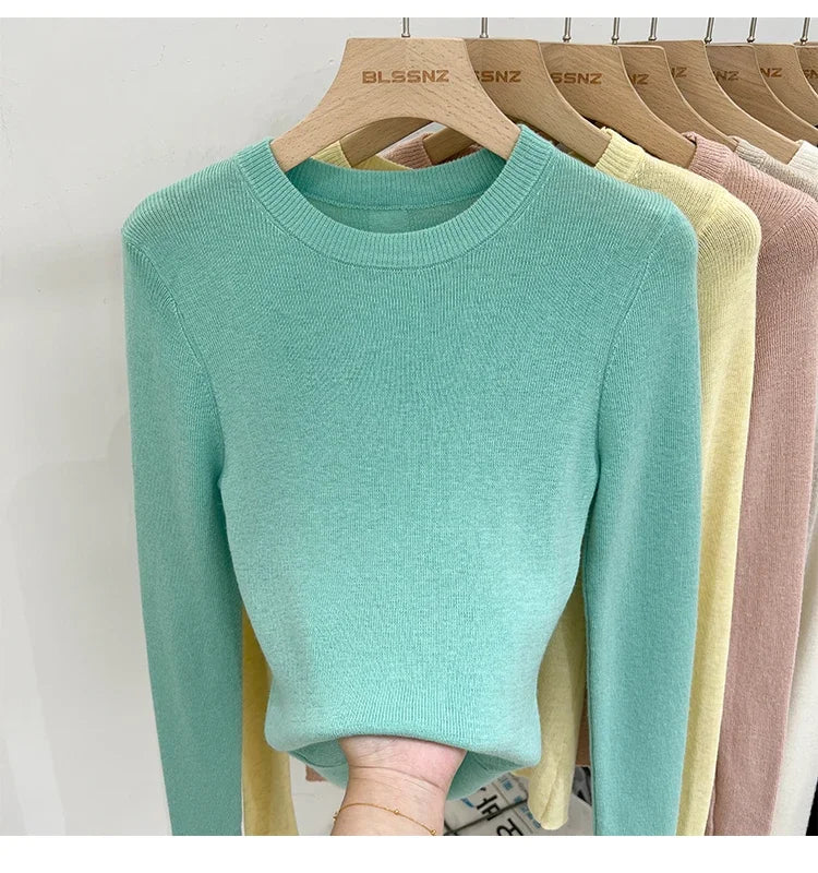 Lady Basic O-Neck Slim T-Shirt Women Solid Multi Color All-Match Trend Casual Top Screw Knit Long Sleeve Elastic Spring Office