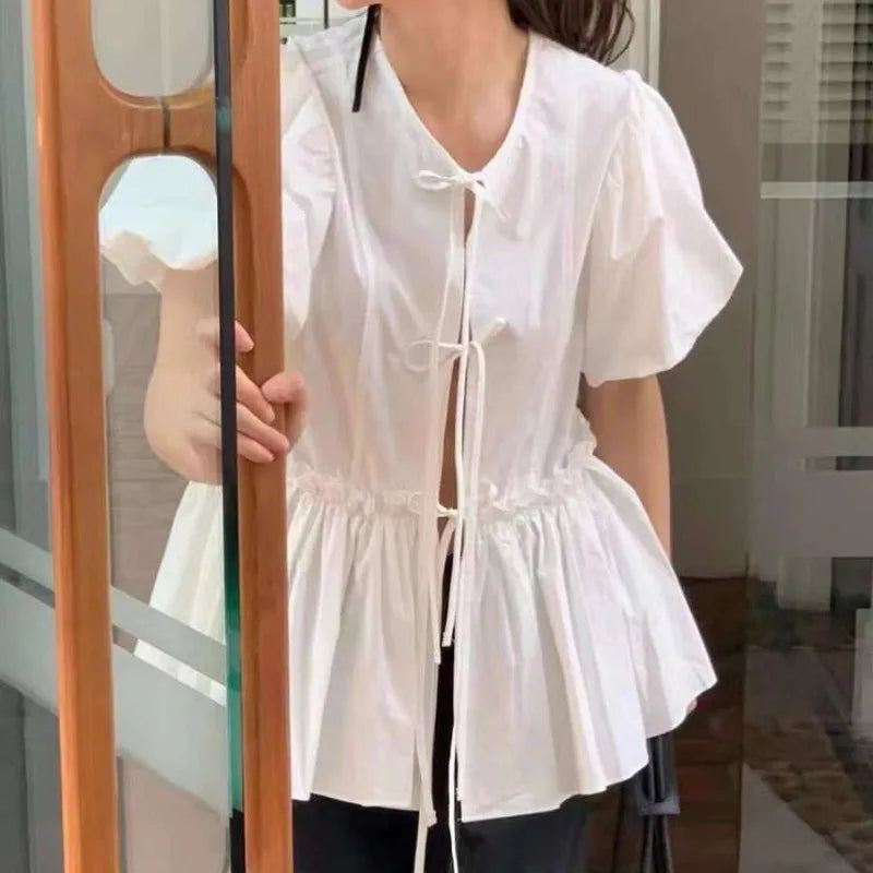 Neploe Korean Vintage O-neck Lace Up Blouses 2025 Summer New Puff Sleeve Shirts Women Y2k Slim Waist Ruched Blusas Mujer