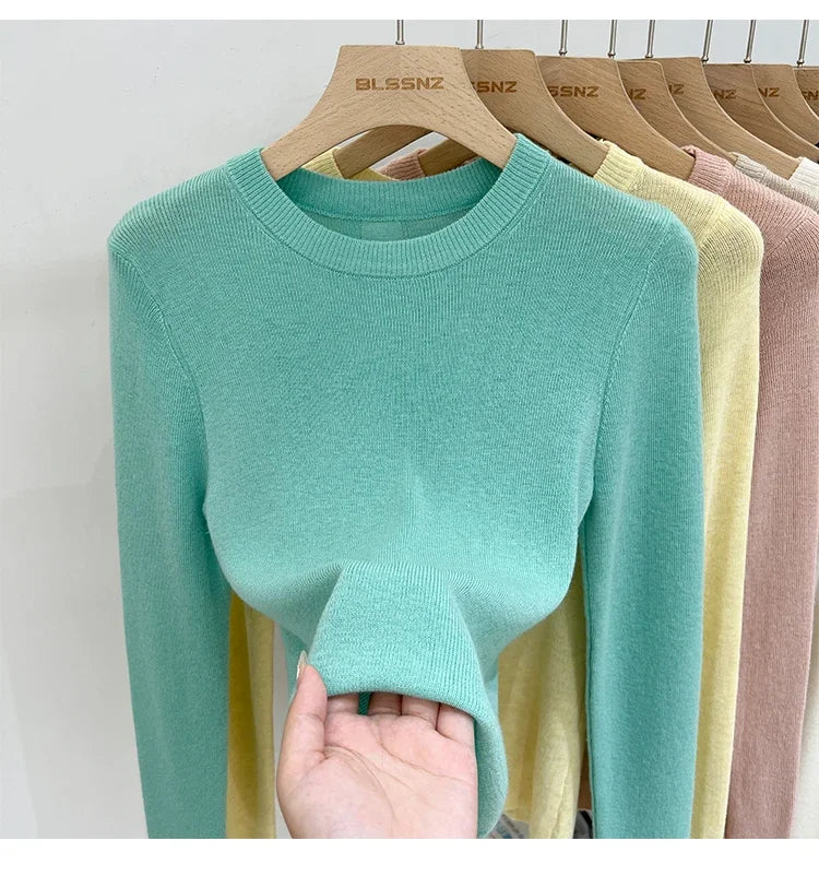 Lady Basic O-Neck Slim T-Shirt Women Solid Multi Color All-Match Trend Casual Top Screw Knit Long Sleeve Elastic Spring Office