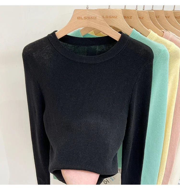 Lady Basic O-Neck Slim T-Shirt Women Solid Multi Color All-Match Trend Casual Top Screw Knit Long Sleeve Elastic Spring Office