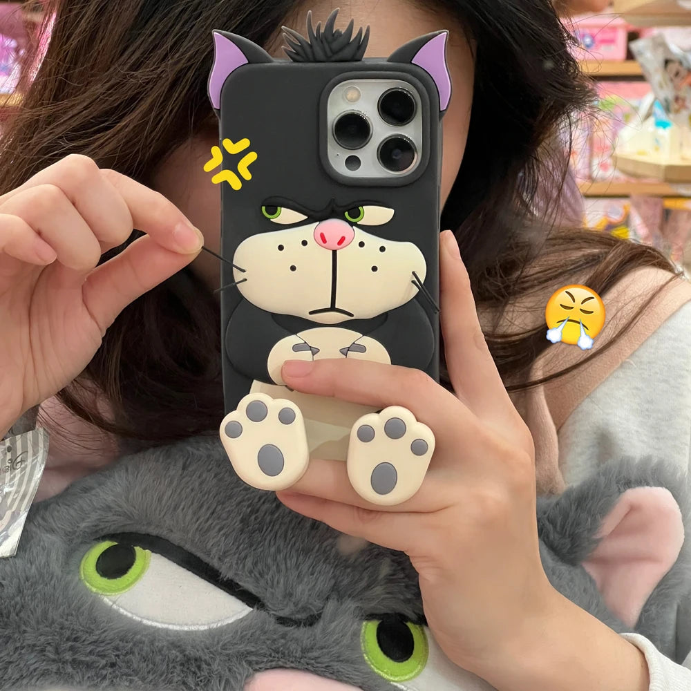 3D Telescopic Holder Phone Case, iPhone 11, 12, 13, 14, 15 16Pro Max, Soft Silicone, Back Cover, Skin Shell, Cute Cartoon Animal